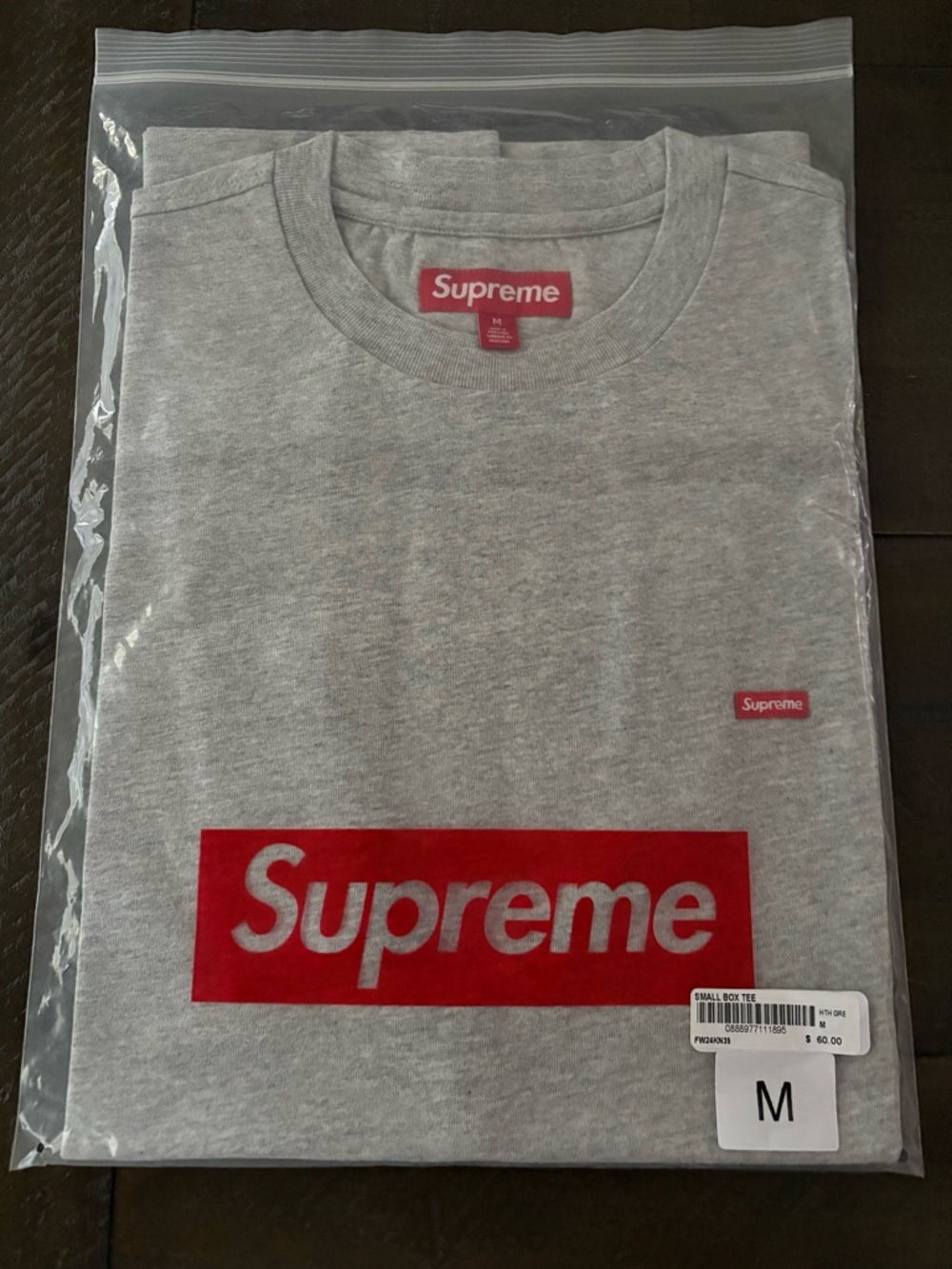 Supreme Grey Tee with Red Box Logo and Tag